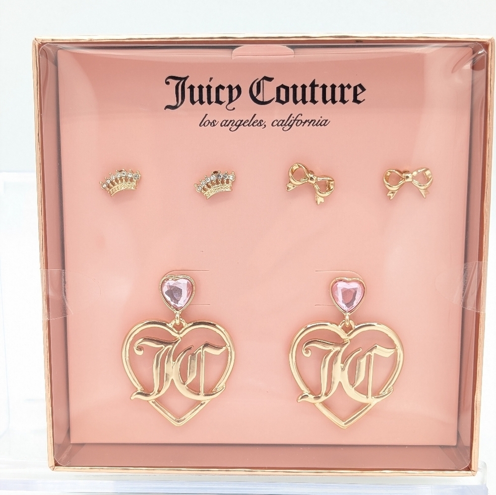 Juicy Couture Earrings Set of 3 pairs Gold Pink Heart Crown Bows